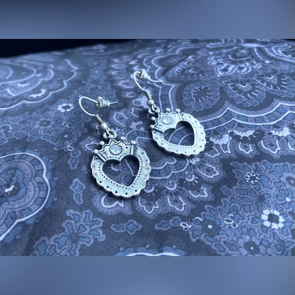 Silver Tone Heart Shaped ‘Princess’ Dangle Earrings With Rhinestone — Renewed